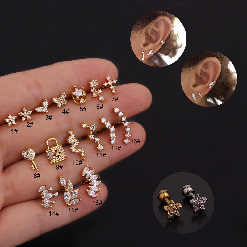 Body Jewelry Surgical Steel - ต่างหูสแตนเลส 16G ลายดอกไม้/งู/ดาว/ผีเสื้อ ประดับเพชร CZ แบบติดหู