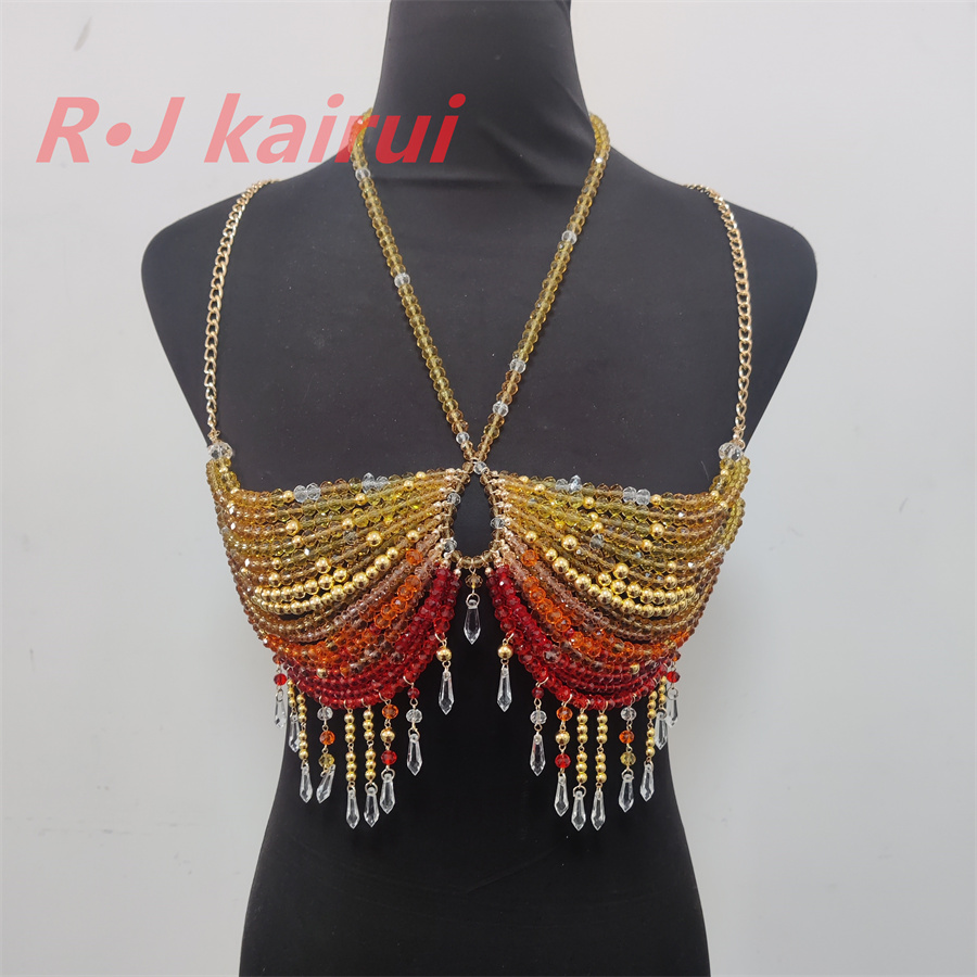 Yellow Body Jewelry - RJ แฟชั่นเซ็กซี่โลหะสีเหลืองสีแดงแก้วคริสตัลลูกปัดคอ CHAIN Halter ชุด Masquerade