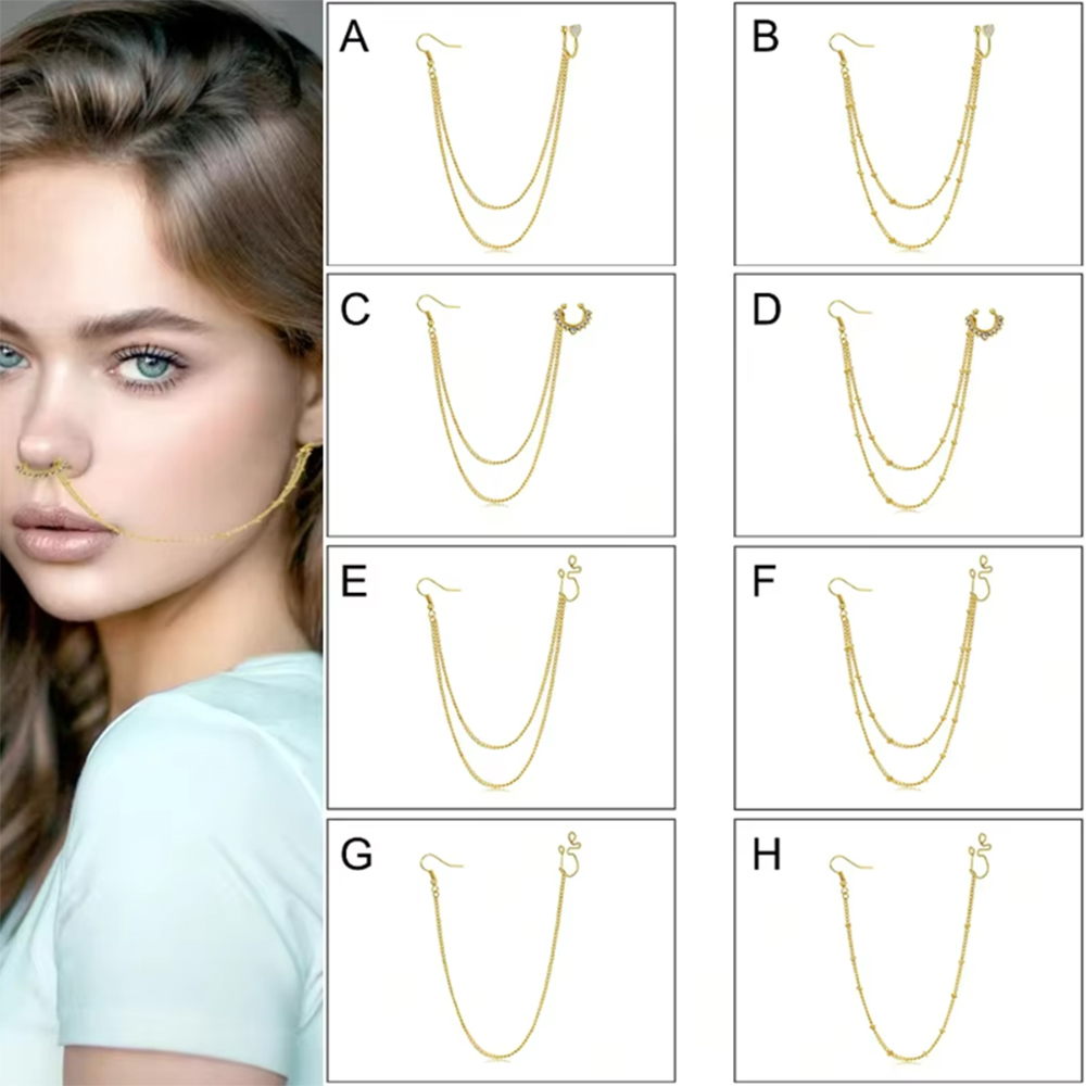Yellow Body Jewelry - 1 ชิ้น/ชุด แหวนเจาะจมูกปลอมสีทองเหลือง สำหรับเจาะจมูกหรือหู พร้อมสายโซ่ตกแต่งจมูก
