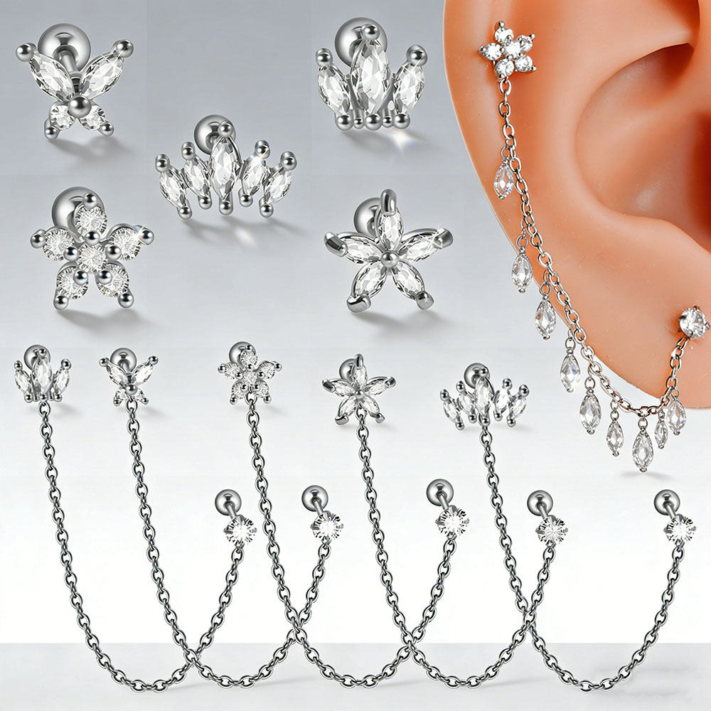 Body Jewelry Surgical Steel - ต่างหูเจาะหูแบบโซ่ประดับดอกไม้ ทำจากเหล็กศัลยกรรมฝังเพชรซิรคอน 1 ชิ้น เหมาะสำหรับเจาะหูที่ต่างหู หูอ่อน