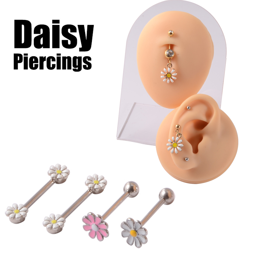 Yellow Body Jewelry - 361L เหล็กผ่าตัด Daisy ดอกไม้เจาะเครื่องประดับสีชมพูและสีเหลือง Daisy ลิ้น