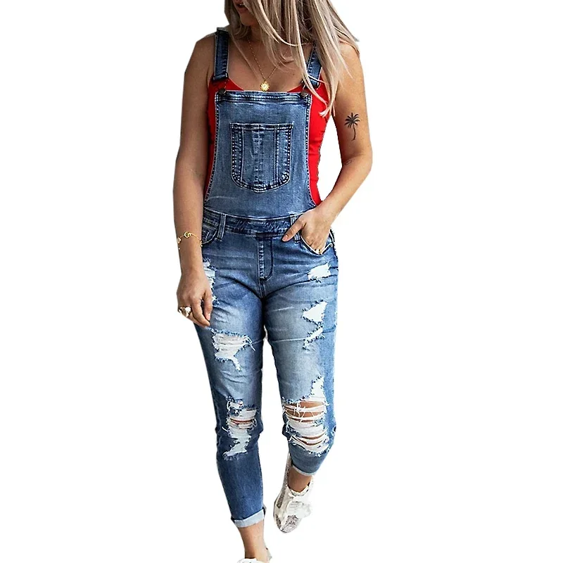 Body Jewelry Plus - ผู้หญิงเซ็กซี่ Ripped Hole DENIM Jumpsuit สุภาพสตรีฤดูใบไม้ร่วงแฟชั่นหลวมกางเกงยีนส์