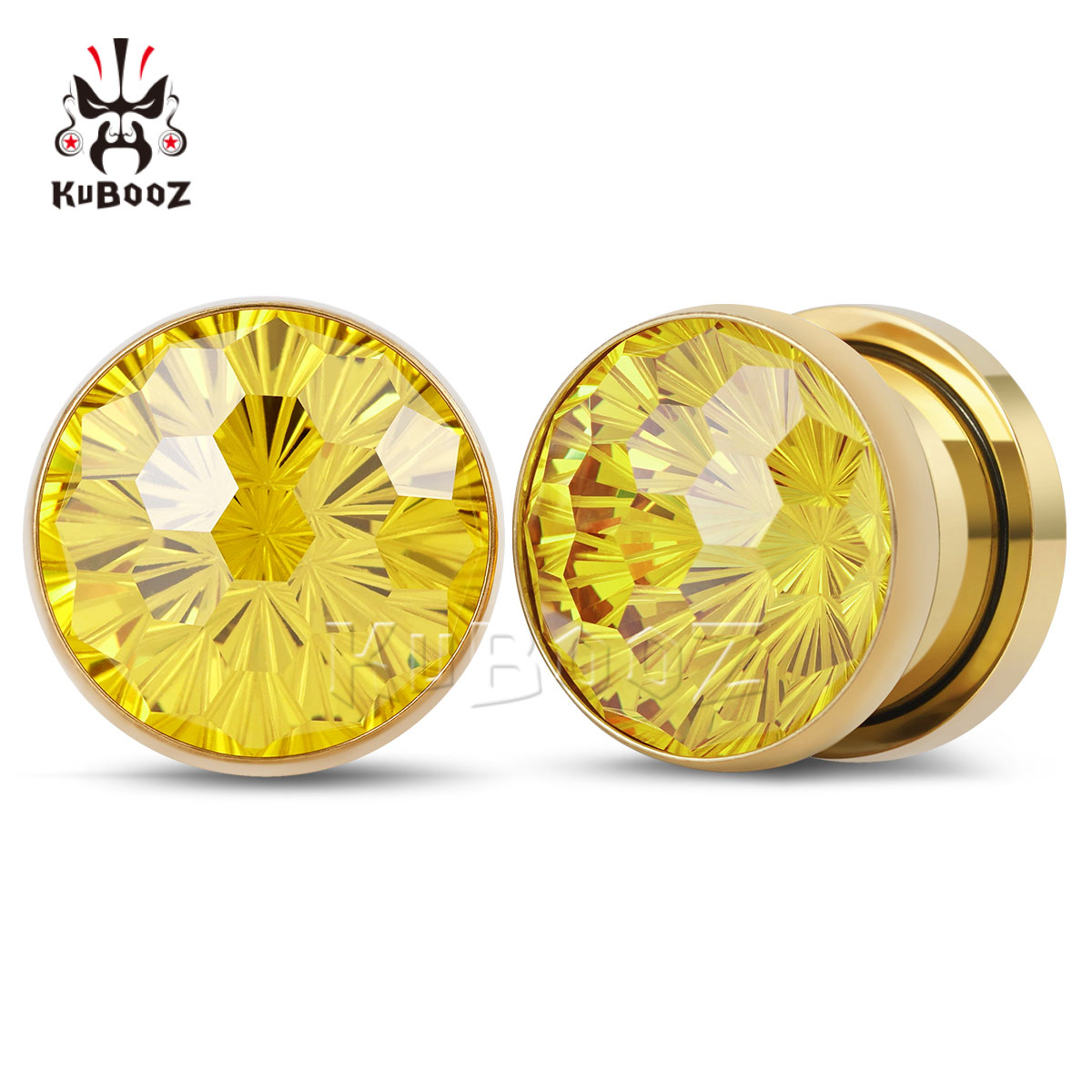 Yellow Body Jewelry - ต่างหูคริสตัลสีเหลืองเงาแบบเจาะรู 2 ชิ้น ตัวขยายรูหูสแตนเลสแบบเกลียว