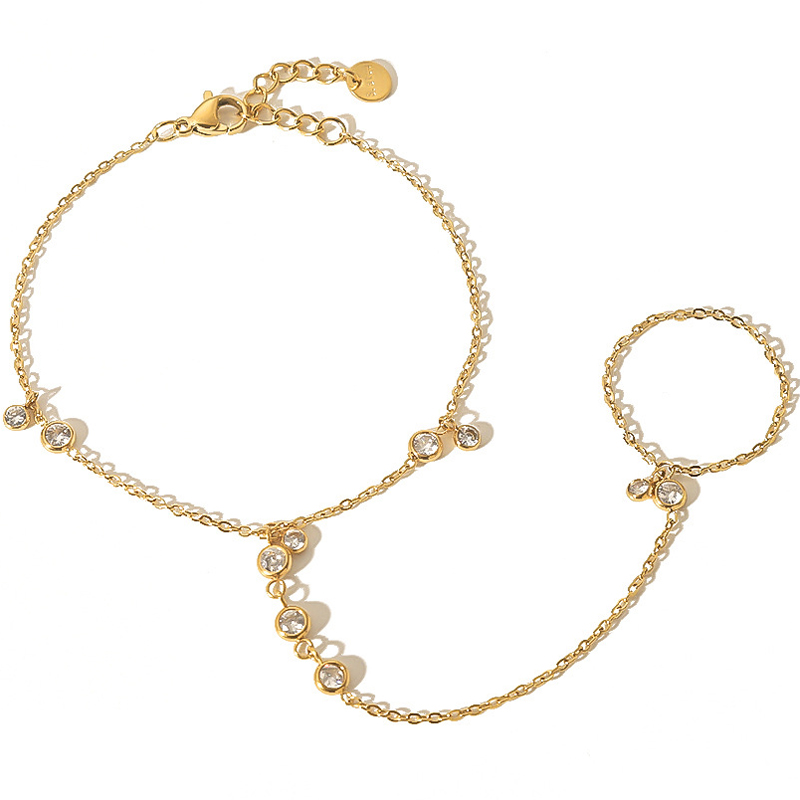 Yellow Body Jewelry - 14K สีเหลืองทองชุบสแตนเลสสตีลโซ่สร้อยข้อมือผู้หญิง Dainty Cubic Zirconia สร้อยข้อมือและแหวน