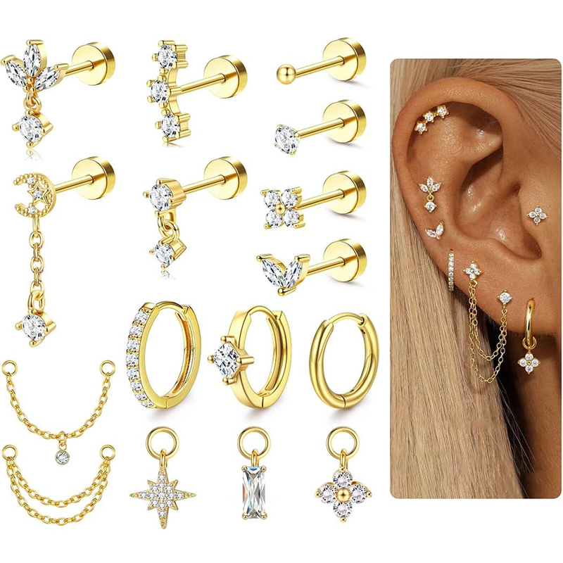 Body Jewelry Surgical Steel - ต่างหูแบบหนีบสำหรับผู้หญิง ขนาด 16 เกจ แบบหนีบหลังแบน ไม่ก่อให้เกิดอาการแพ้