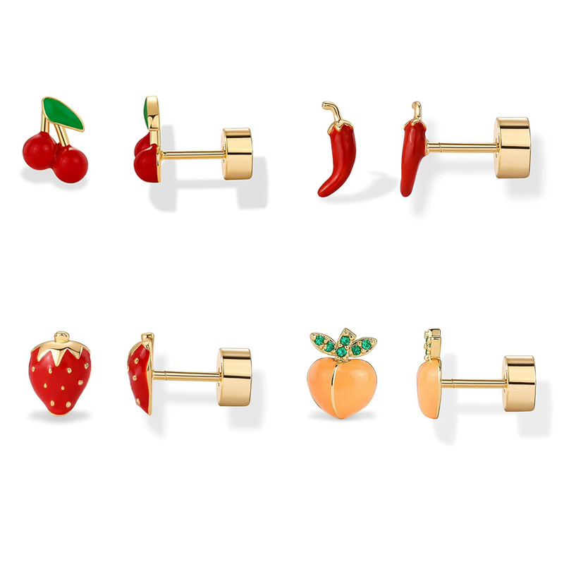 Body Jewelry Surgical Steel - 2pcs กระดูกอ่อนต่างหูสตั๊ดสําหรับผู้หญิงเหล็กผ่าตัดแบนต่างหู Chili สตรอเบอร์รี่เชอร์รี่ Tragus Helix