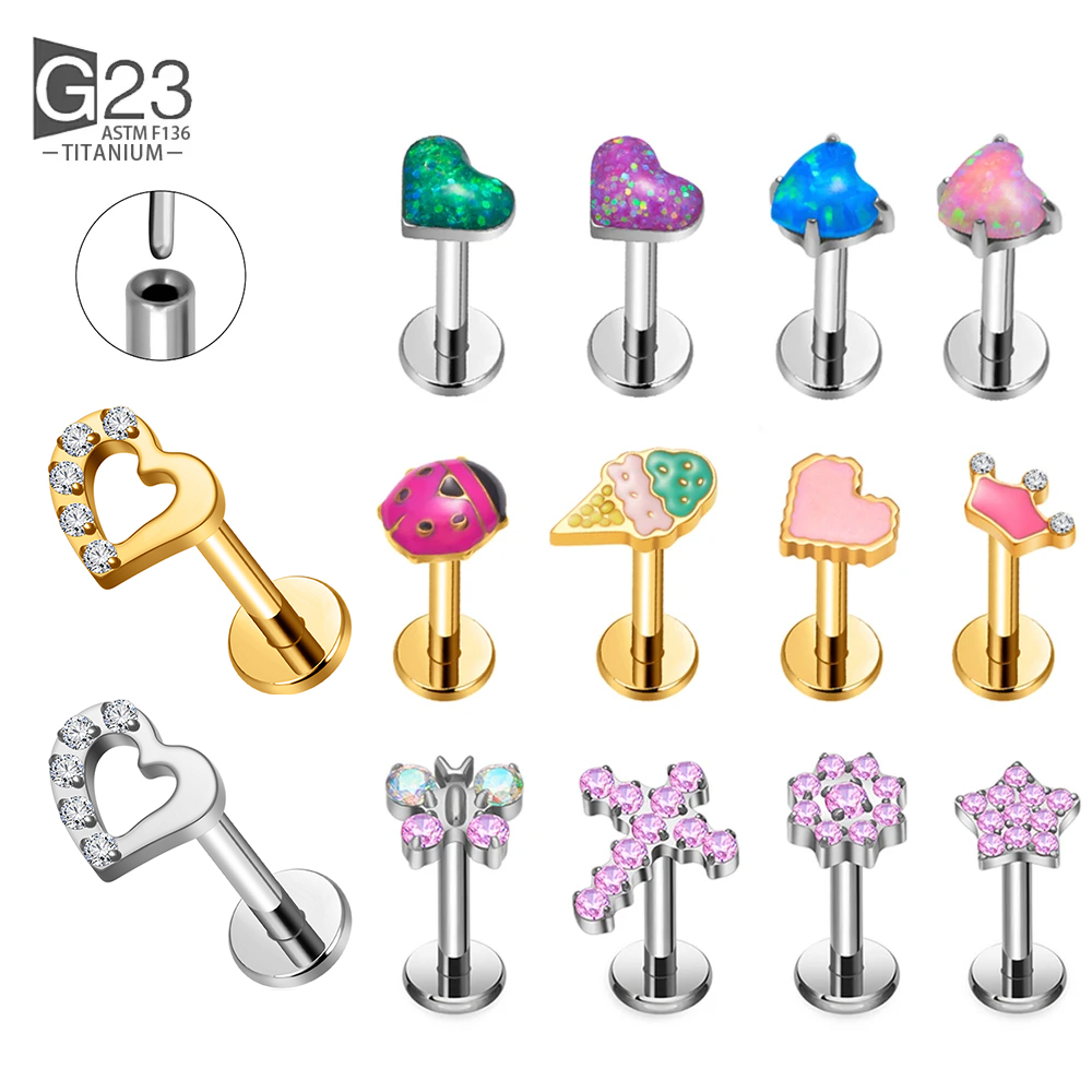Body Jewelry Threadless - G23 ไทเทเนียม Threadless Piercing16G/18G/20G รูปหัวใจแมวดอกไม้ Push