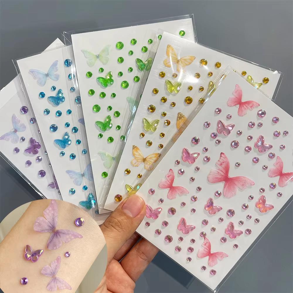 Body Jewelry Diamond - 1sheet ตาหน้าเครื่องแต่งหน้าผีเสื้อคริสตัล Faux เพชรสติกเกอร์ใบหน้ากาวเงา Rhinestone ประกาย